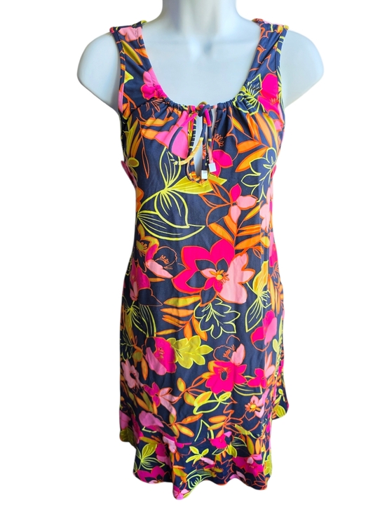 Lands' End Dresses & Skirts - Lands' End Pink Navy Green Hibiscus Floral Cotton Casual Dress Size M